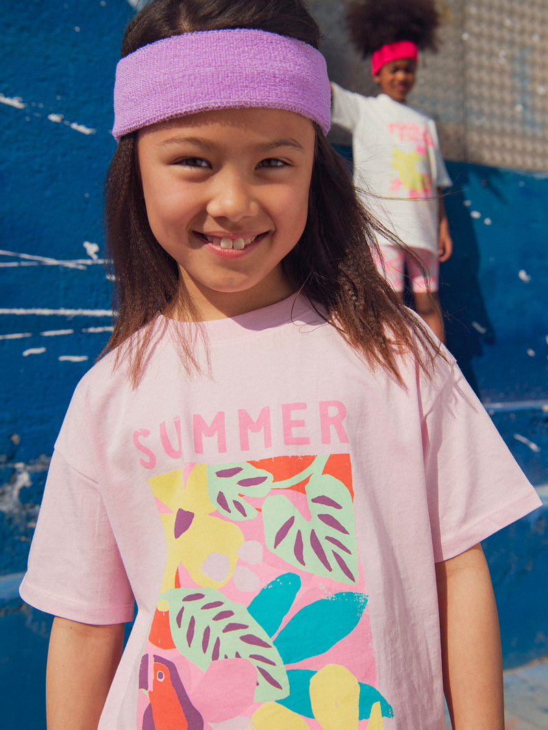T-shirt oversized rosa com animação floral para garotas