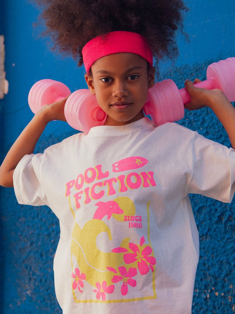 T-shirt oversized ecru animação praia para meninas