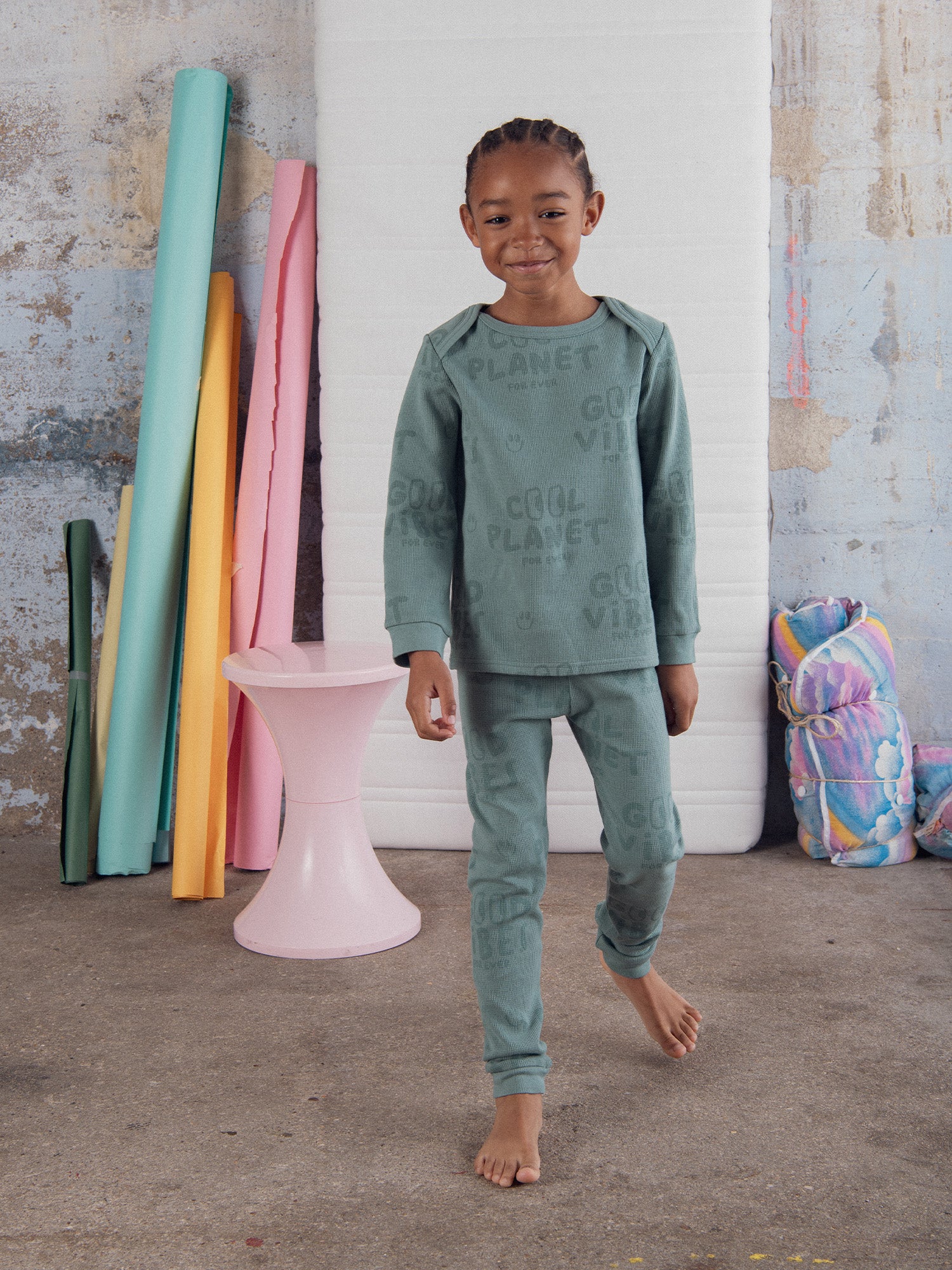 Pyjama vert "Good Vibes" en maille gaufrée pour enfant garçon