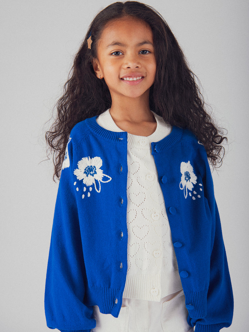 Cardigan azul com bordado de flores para meninas