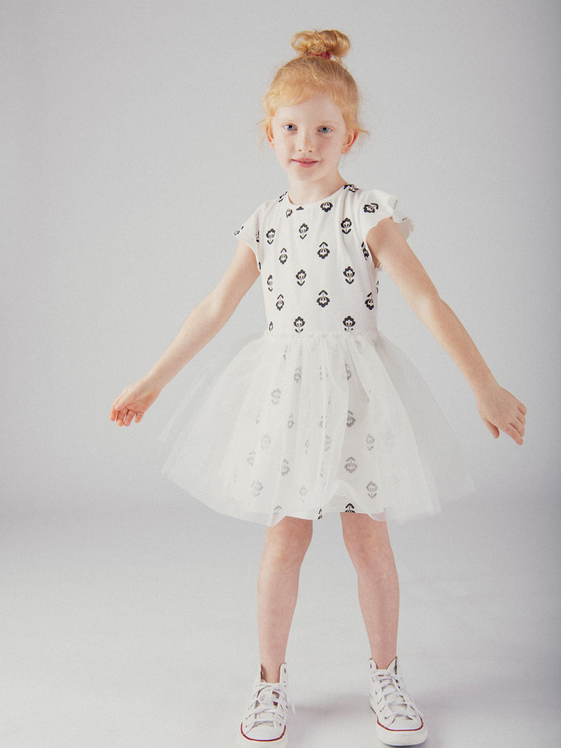 Vestido creme de dois materiais para menina