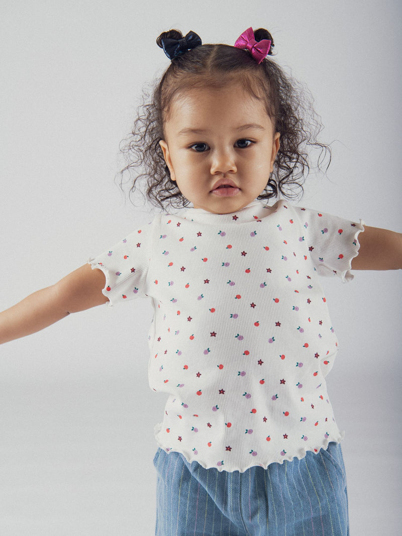 T-shirt branca de mangas curtas com estampado floral integral para meninas bebés