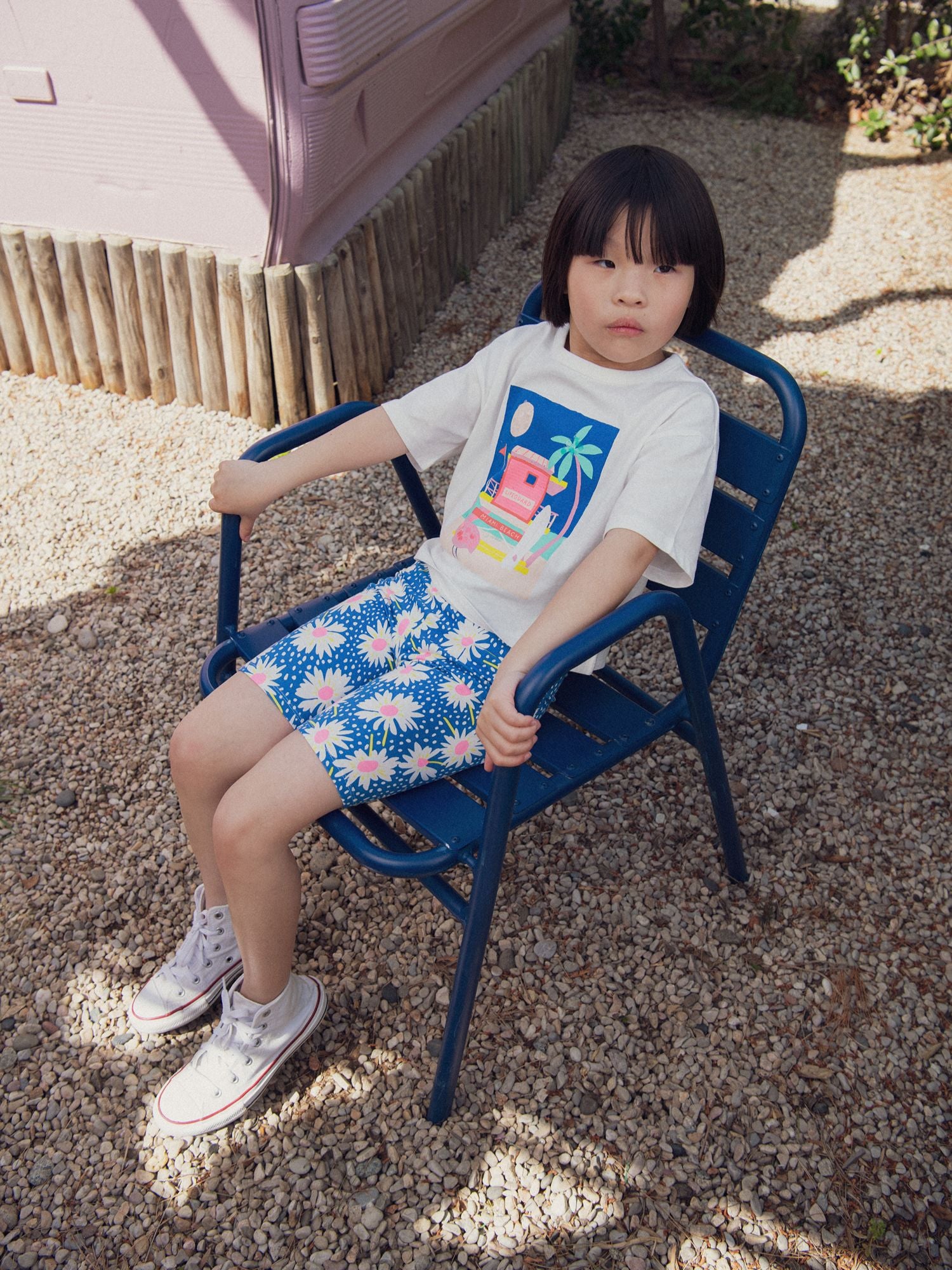 T-shirt écru animation plage pour fille