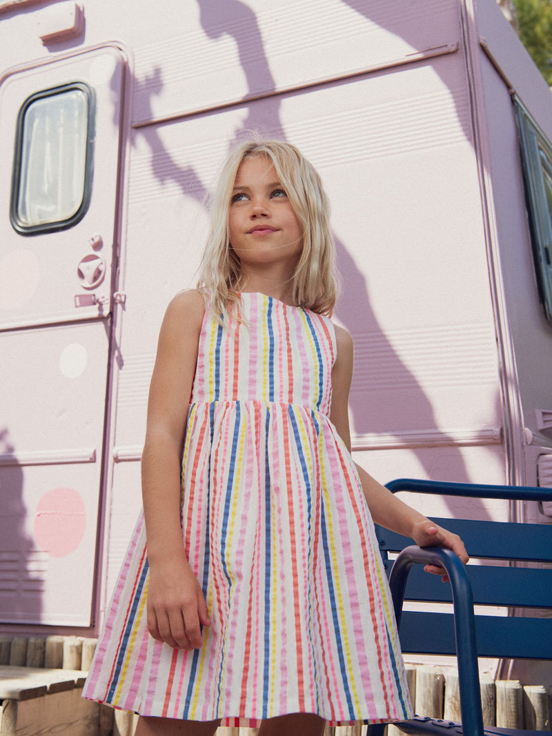 Vestido creme com riscas multicolores para meninas
