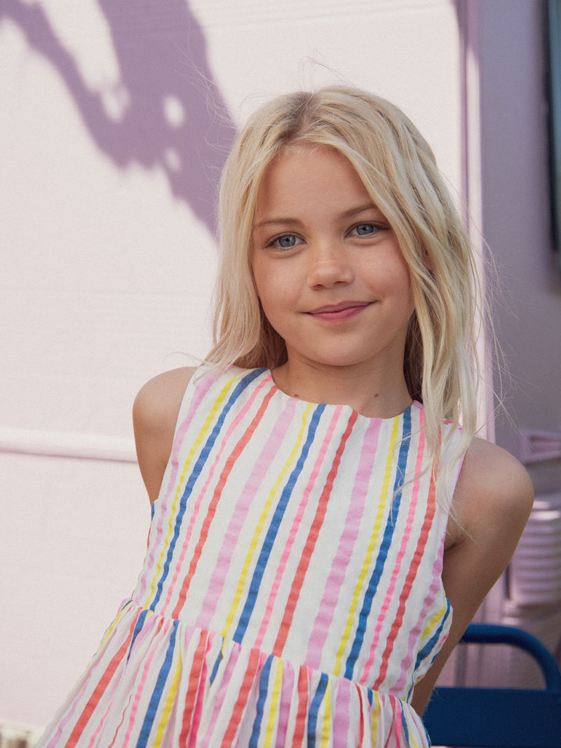 Vestido creme com riscas multicolores para meninas