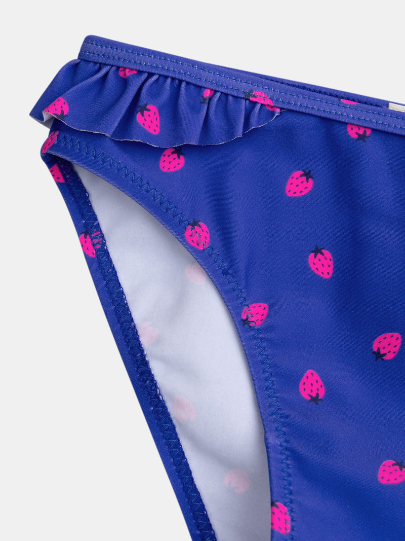 Fato de banho azul de 2 peças com estampado de morangos para meninas.PRODUCT