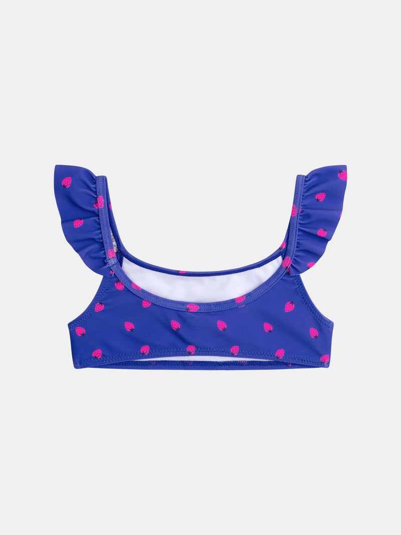 Fato de banho azul de 2 peças com estampado de morangos para meninas.PRODUCT