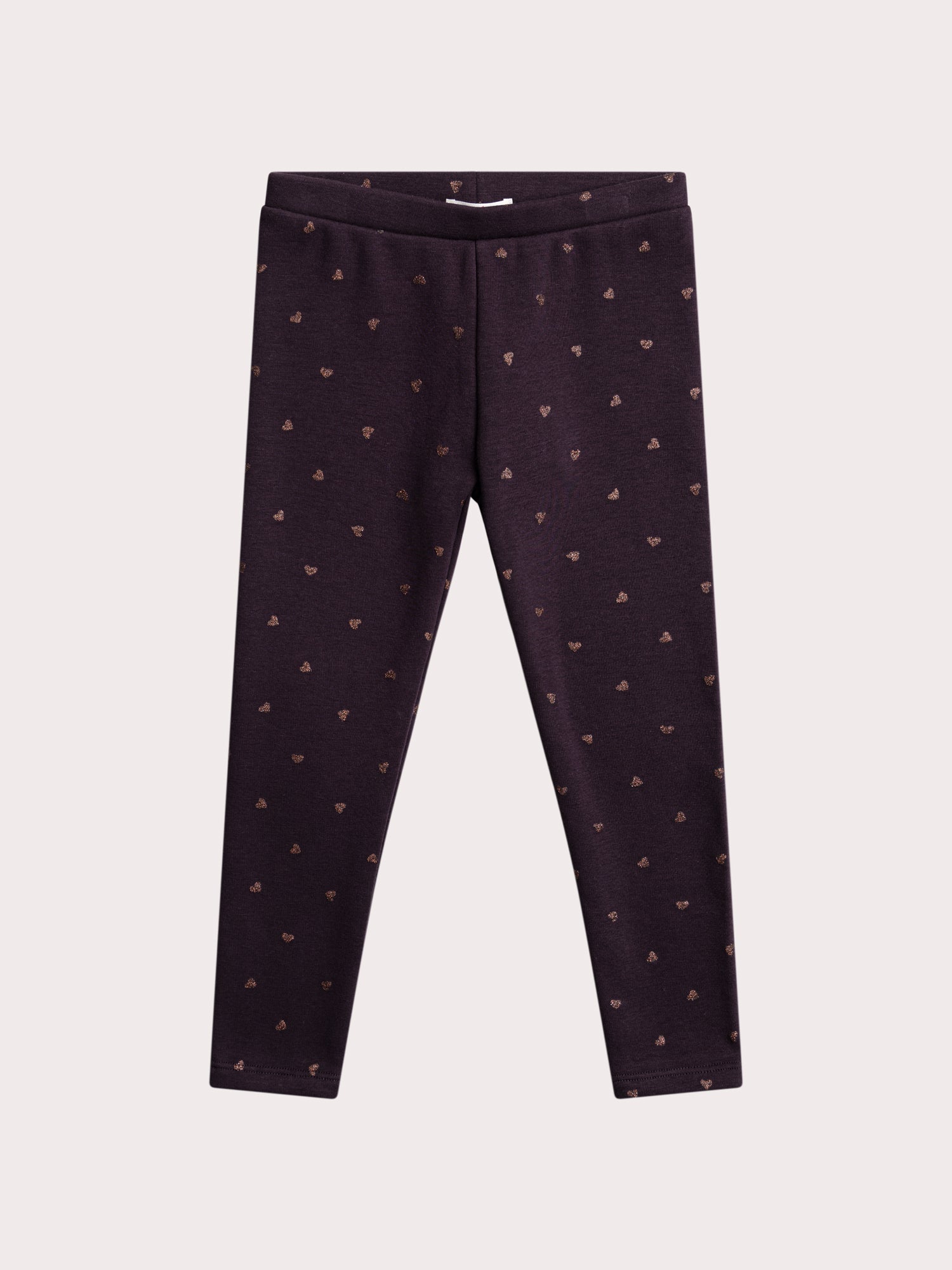 Leggings roxos com estampado de coração e glitter