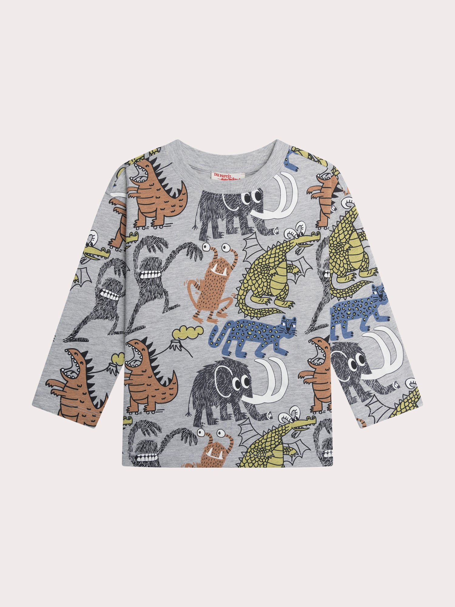 T-shirt cinza melange com estampado de animais e monstros