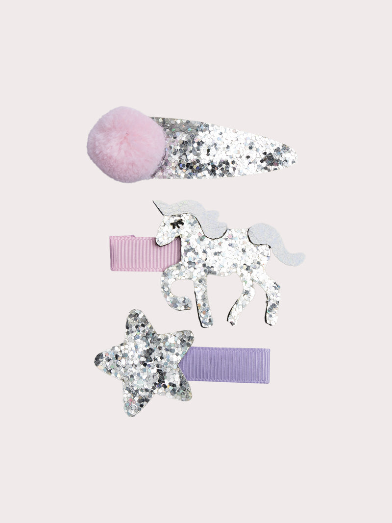 Lot de 3 barrettes étoile, pompon et licorne pour fille