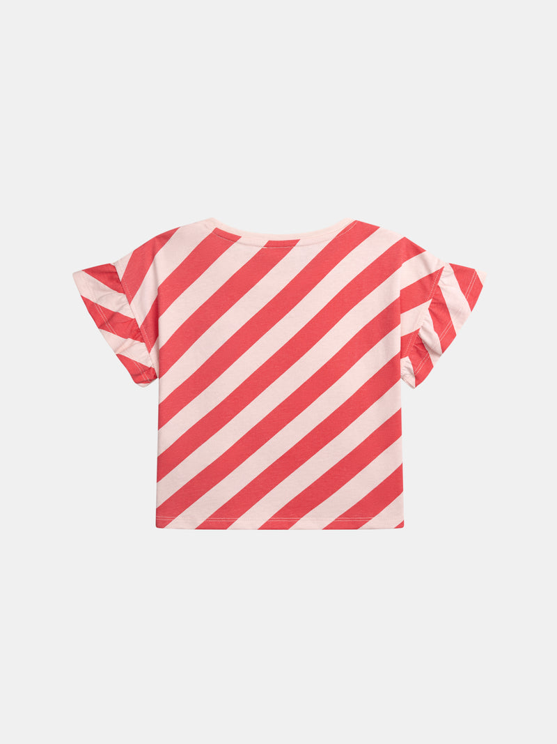 T-shirt Rosa Listrada de Manga Curta com Distintivo para Meninas