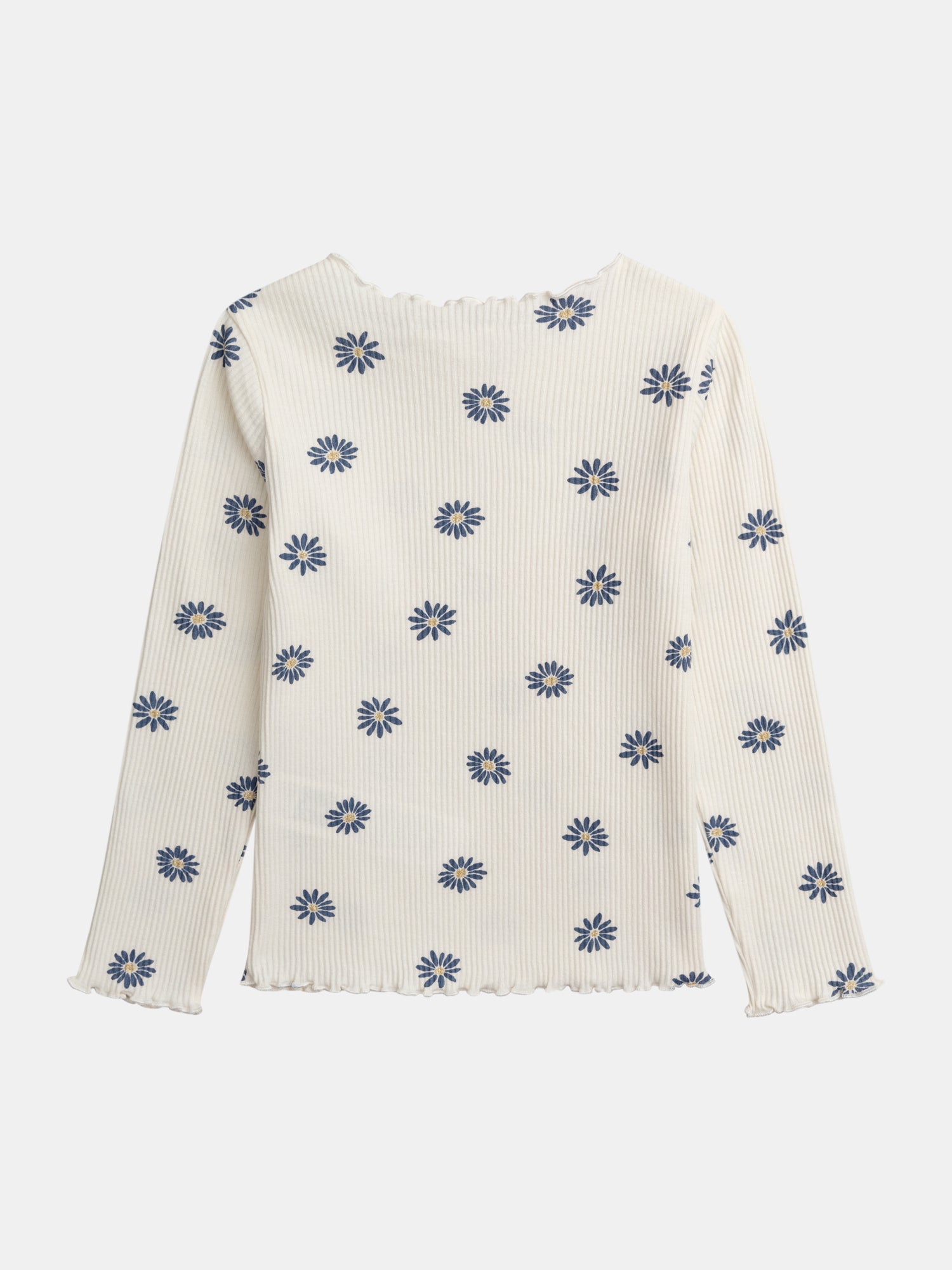 T-shirt à côte manches longues écru imprimé fleurs pour fille