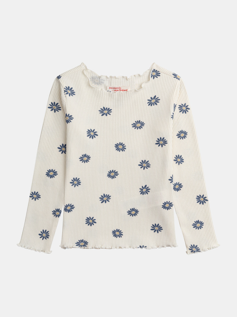 T-shirt ecru de mangas longas impressa com flores para meninas