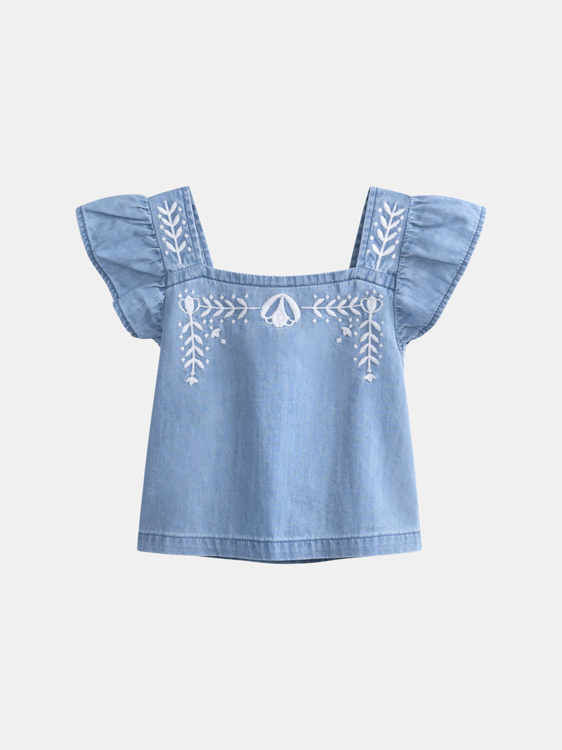 Blusa azul com bordados florais para menina