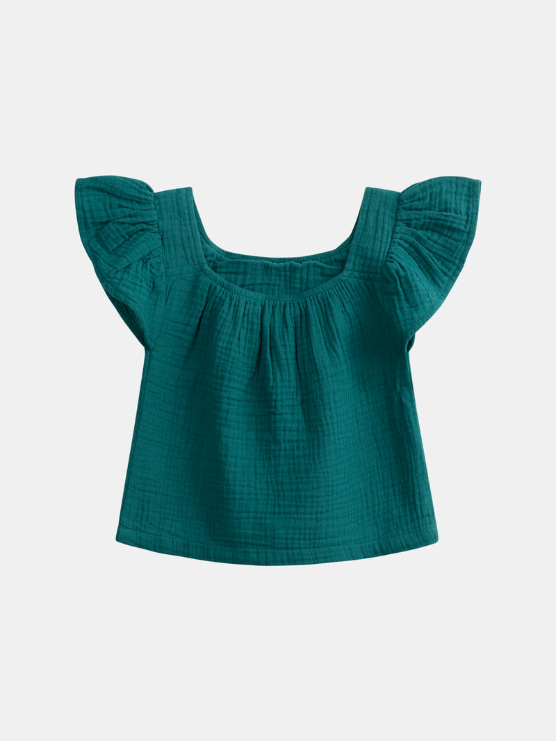 Blusa verde com bordados florais para menina