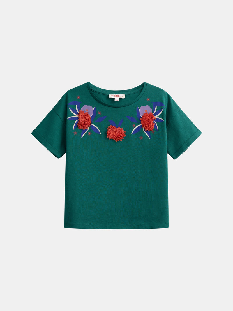 T-shirt verde com animação floral para meninas