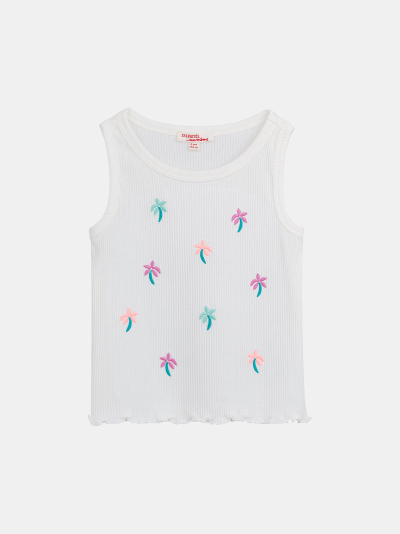 Top ecru em ribado com bordados de palmeira para meninas