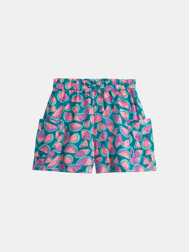 Calções azuis com estampado de melancia para meninas