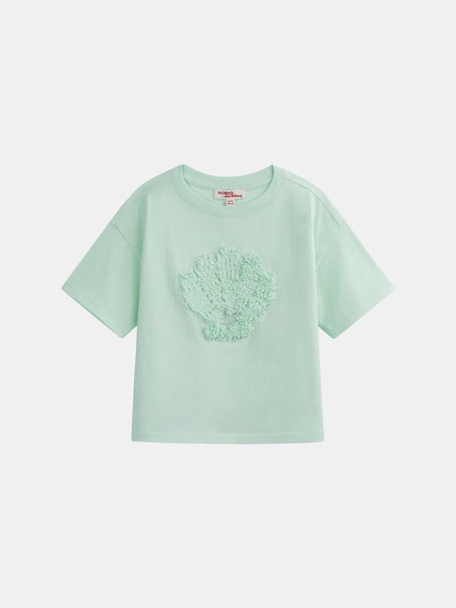 T-shirt turquesa com animação de concha 3D para meninas
