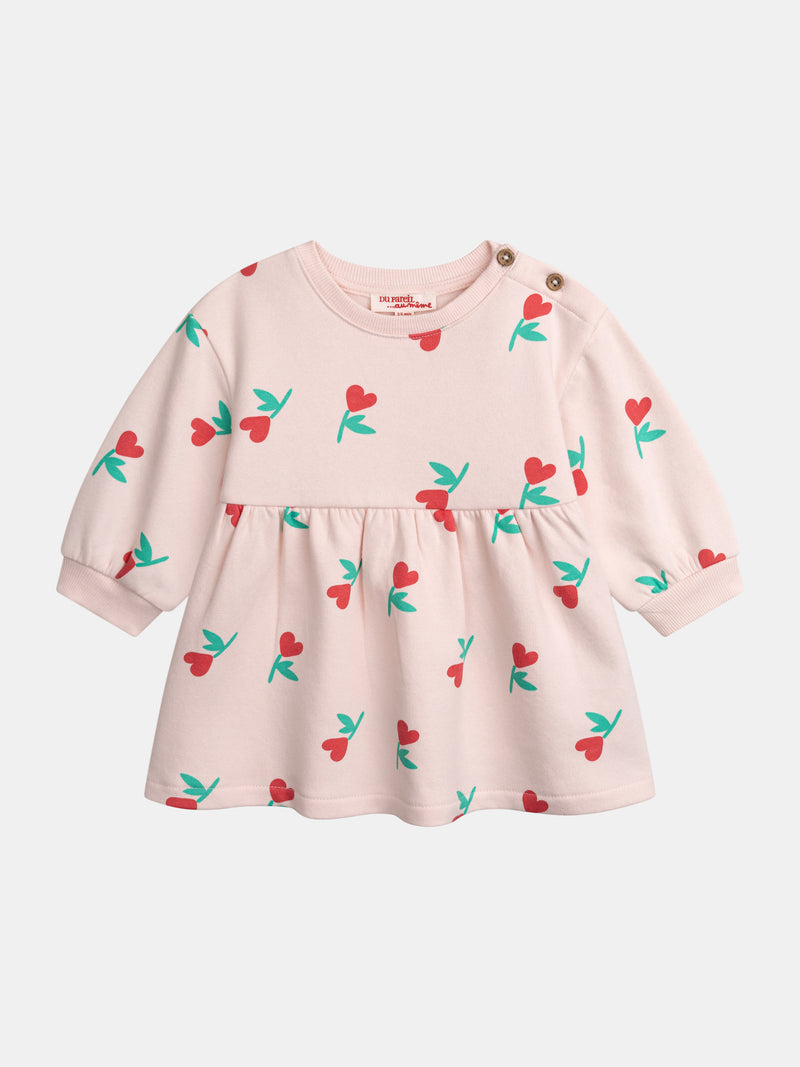 Vestido rosa com estampado de flores e corações para menina