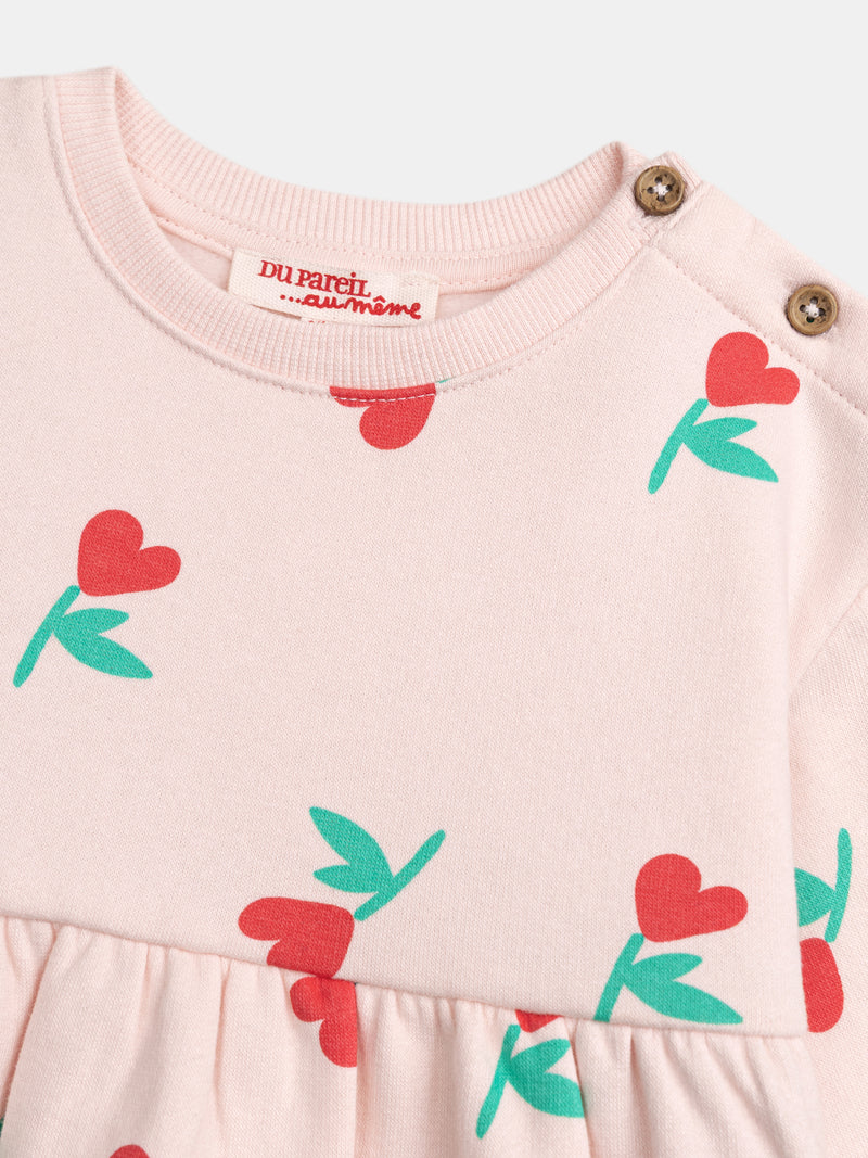 Vestido rosa com estampado de flores e corações para menina