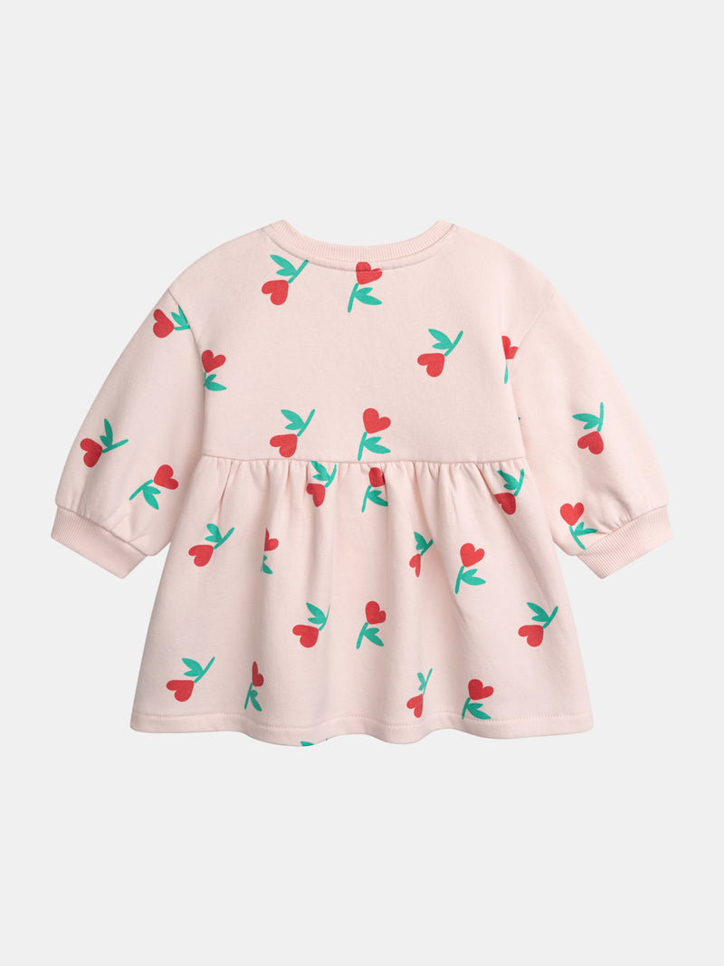 Vestido rosa com estampado de flores e corações para menina
