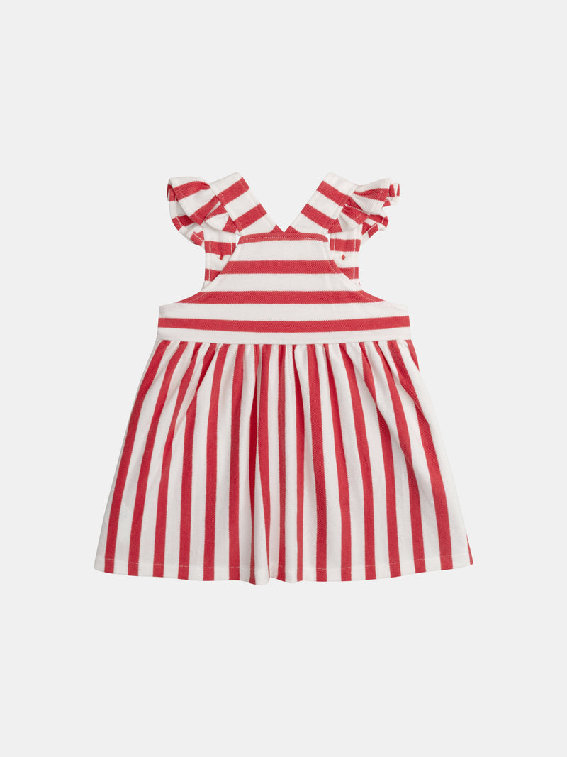 Vestido risca vermelha e creme com bolsos em forma de coração para bebés