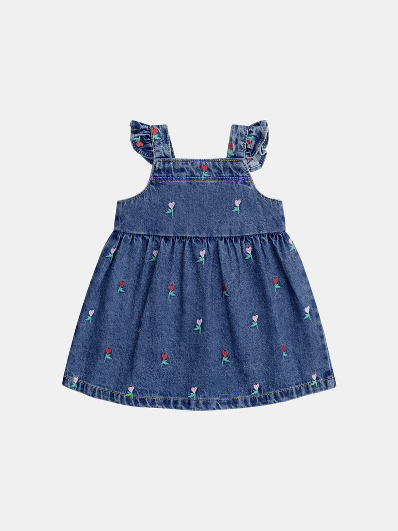 Vestido em denim com bordados de corações florais para bebé menina