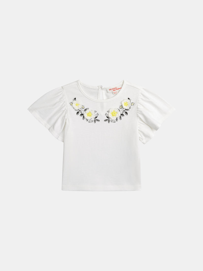 Camiseta ecru bordada com flores e mangas de ondas para menina