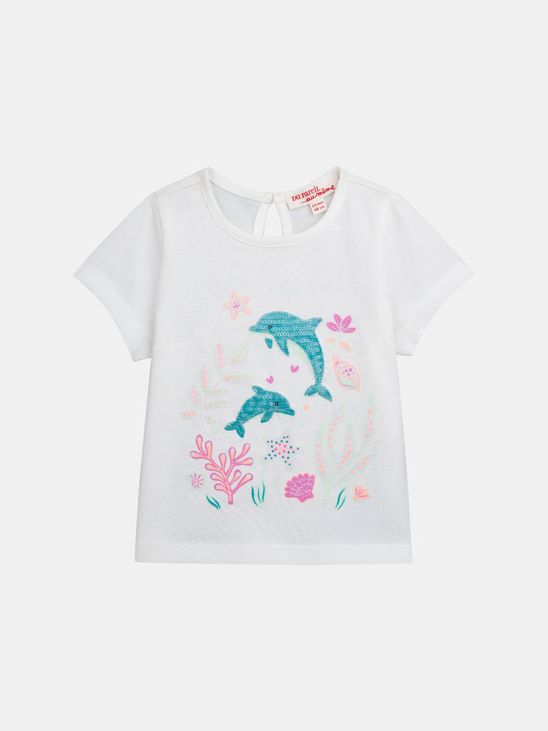 T-shirt ecru com estampado "Mundo Marinho" para menina