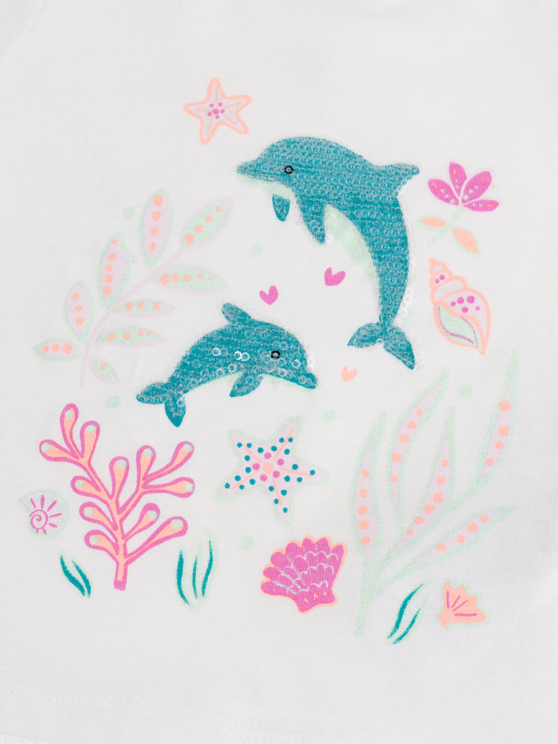 T-shirt ecru com estampado "Mundo Marinho" para menina