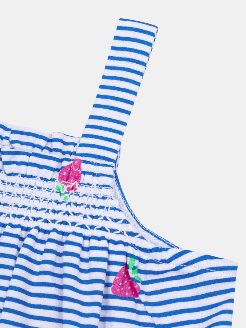 Macacão azul e branco às riscas com estampado de morangos para menina bebé