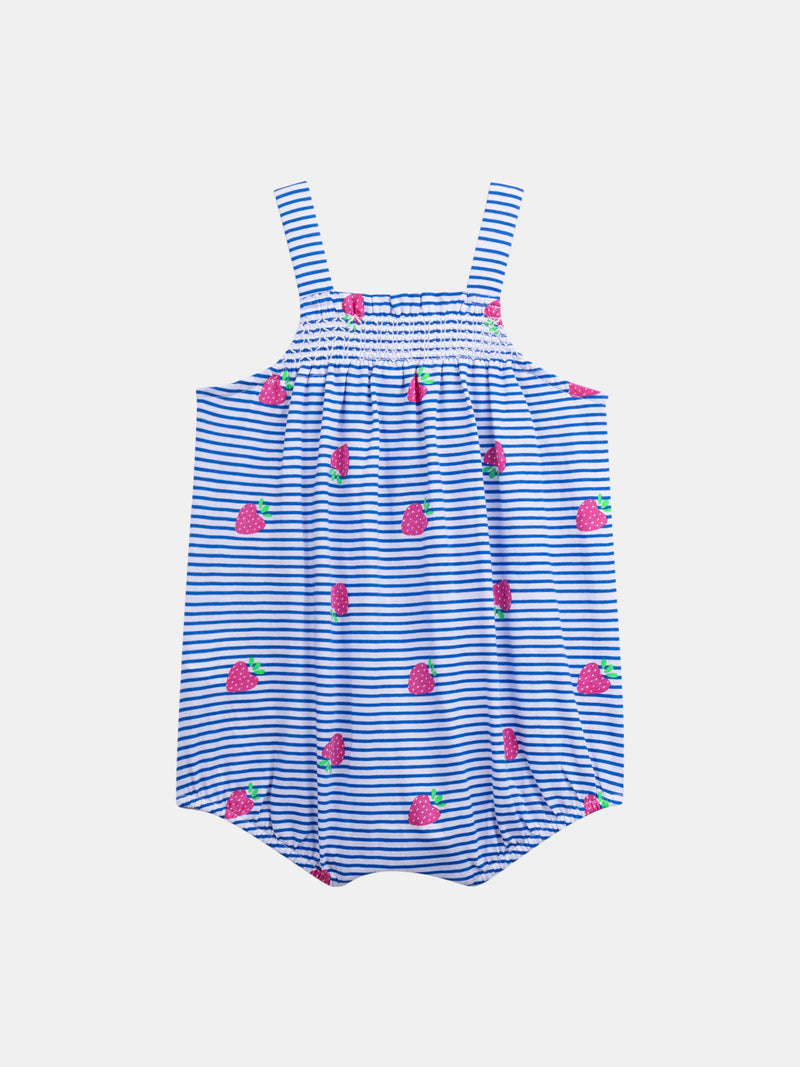 Macacão azul e branco às riscas com estampado de morangos para menina bebé