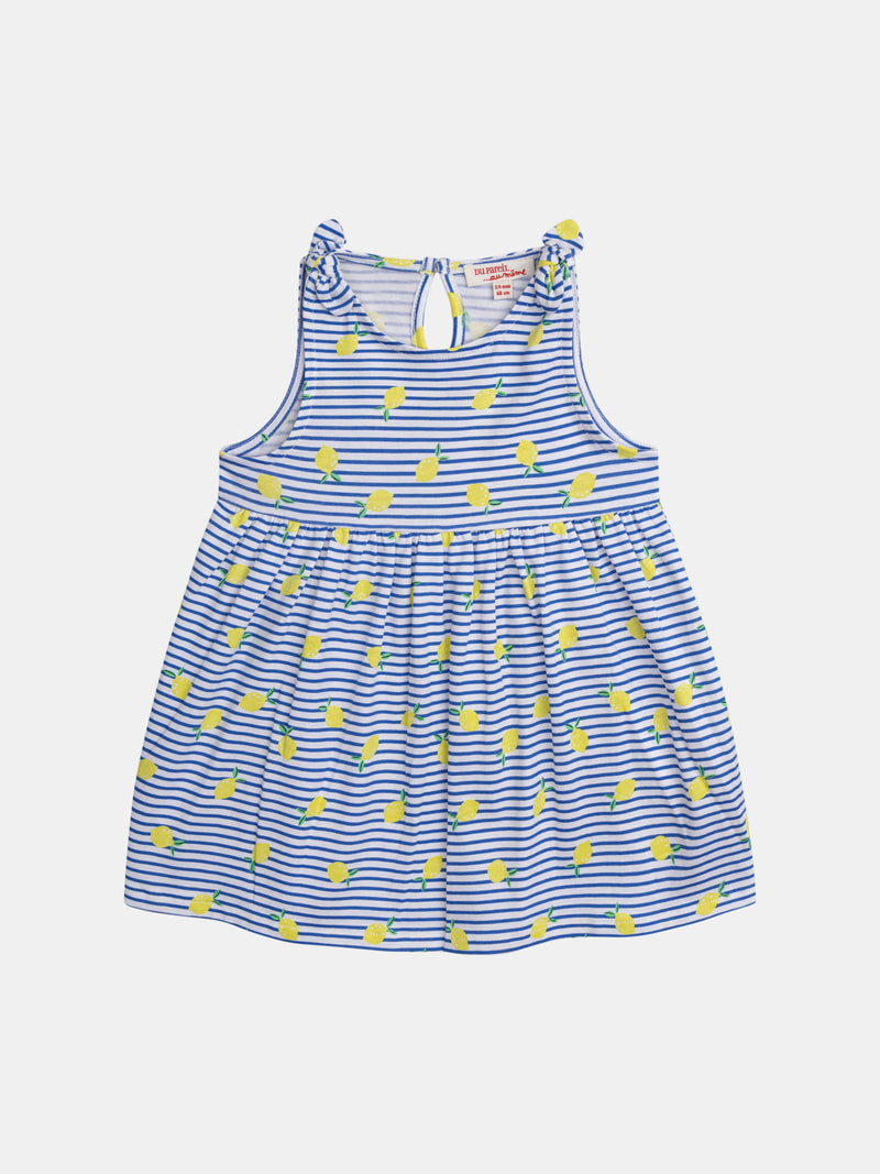 Vestido às riscas azuis e brancas com estampa de limões para menina