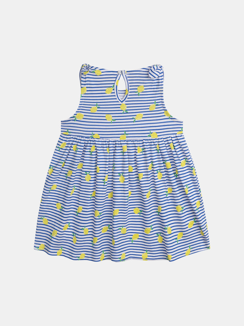 Vestido às riscas azuis e brancas com estampa de limões para menina