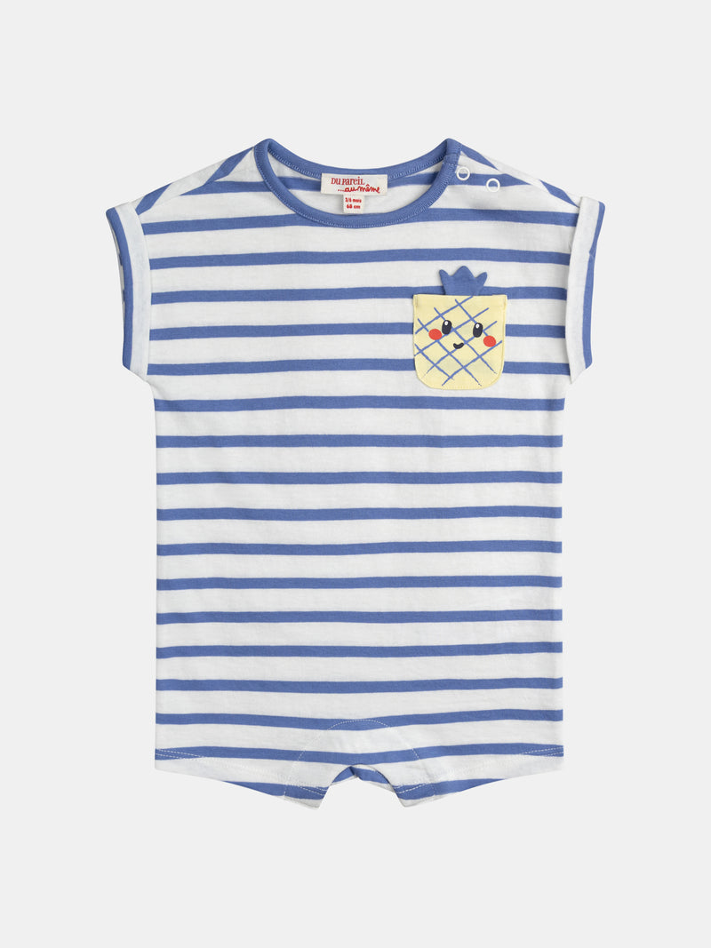 Conjunto azul e branco às riscas com bolso de ananás para menino bebé