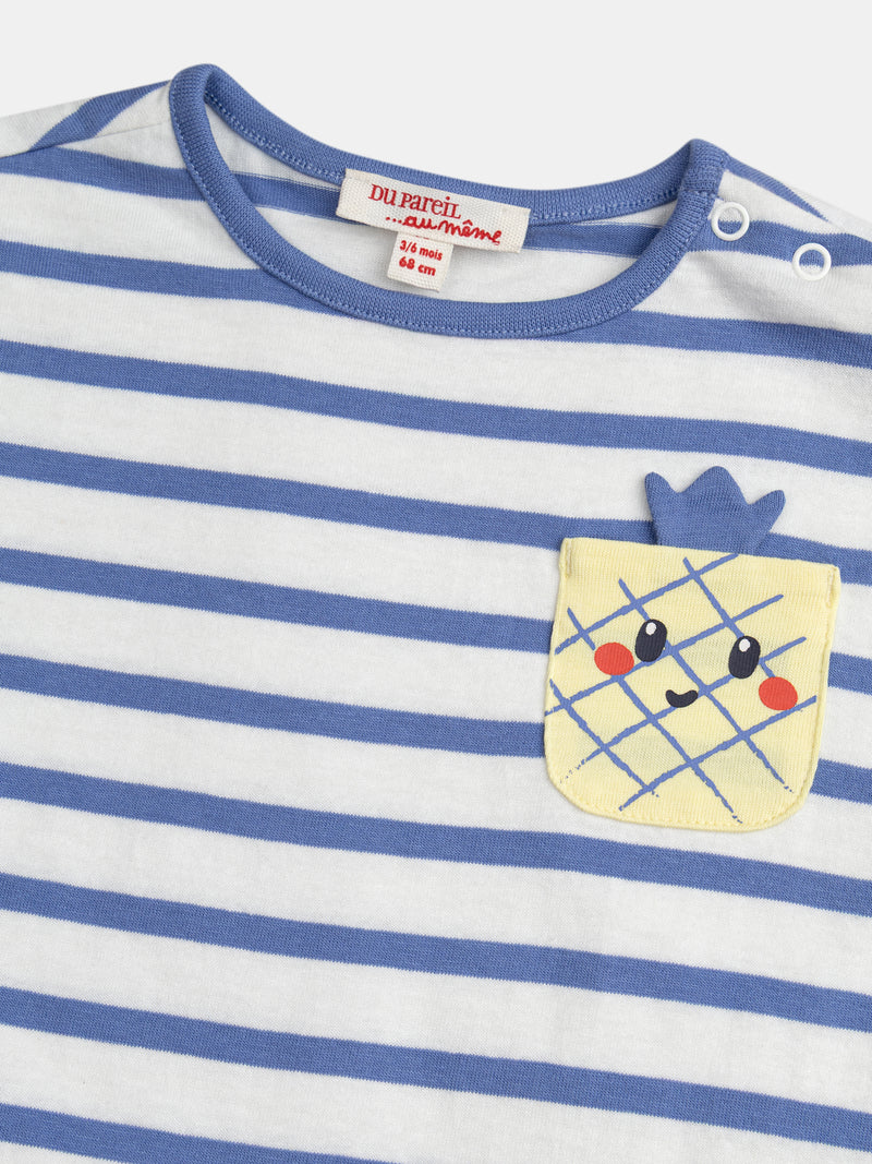 Conjunto azul e branco às riscas com bolso de ananás para menino bebé