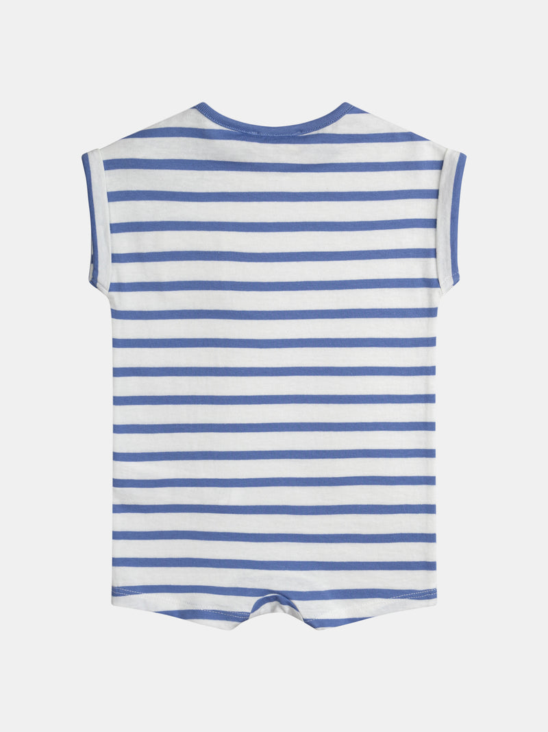 Conjunto azul e branco às riscas com bolso de ananás para menino bebé