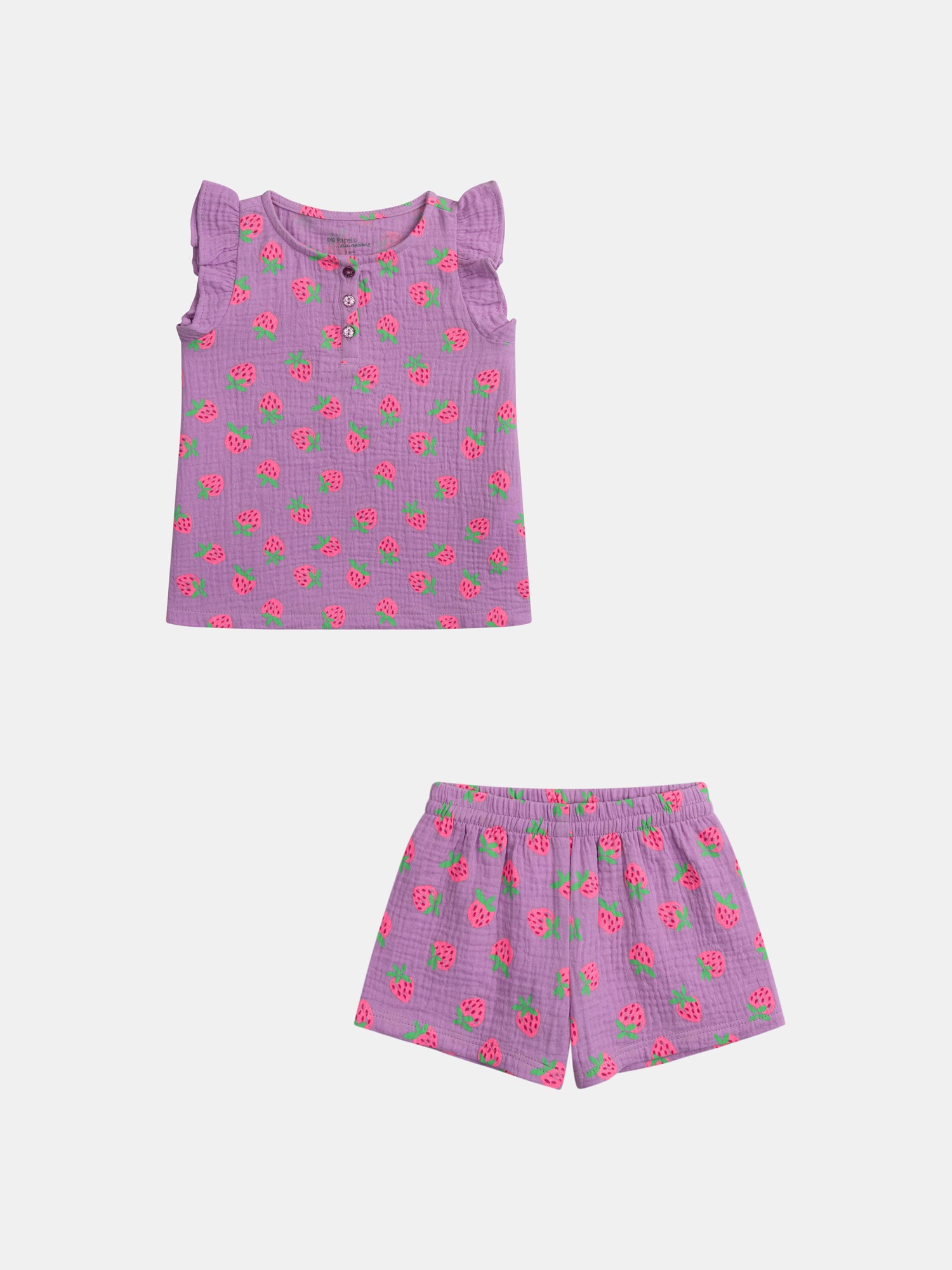 Pijama curto roxo impresso "Morango Gourmet" para meninas