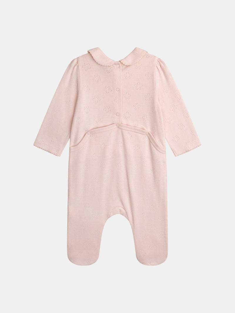 Grenouillère rose à col Claudine avec motif "girafe et éléphant" pour bébé fille