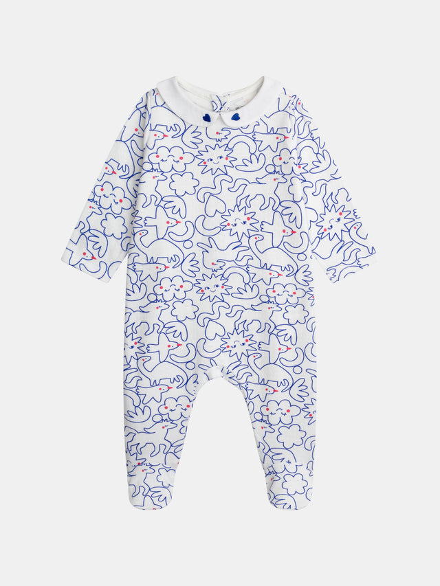 Grenouillère écrue col Claudine avec imprimé intégral "Dream" bleu pour bébé fille