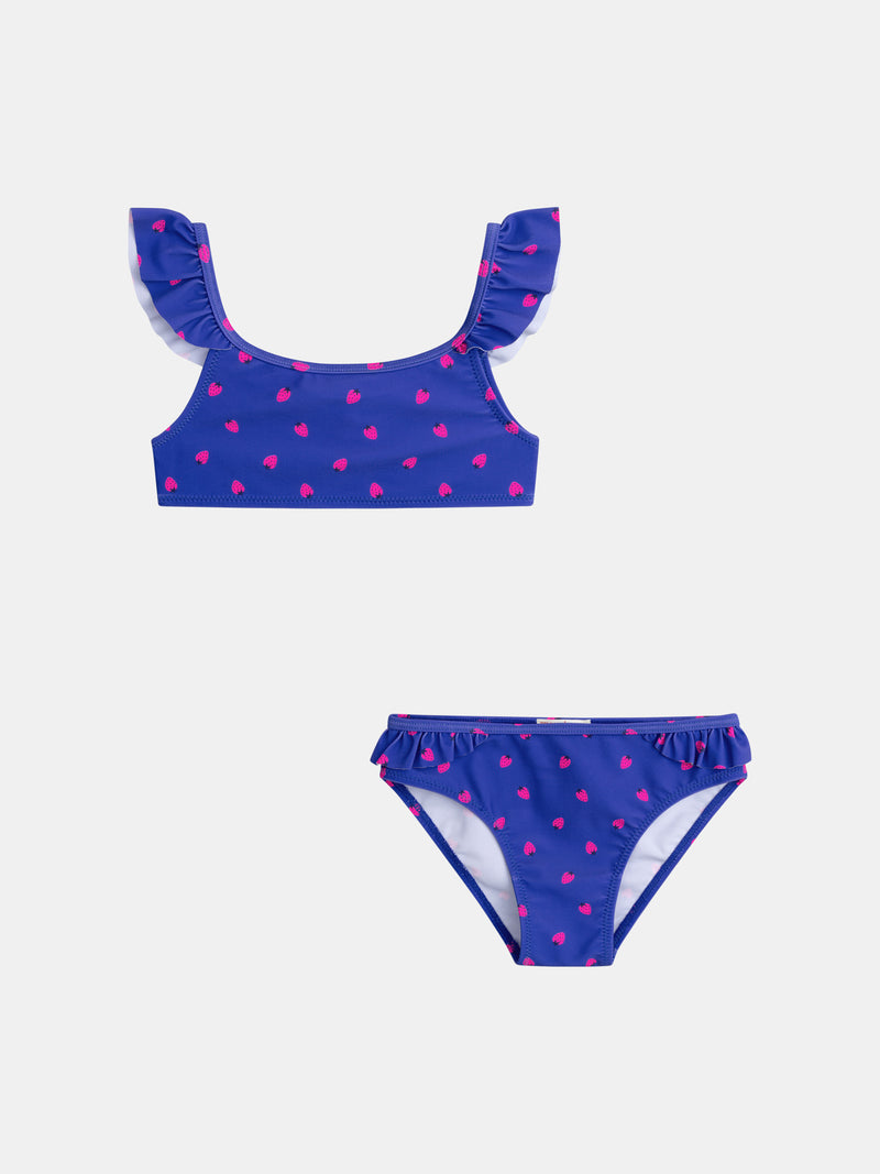 Fato de banho azul de 2 peças com estampado de morangos para meninas.PRODUCT