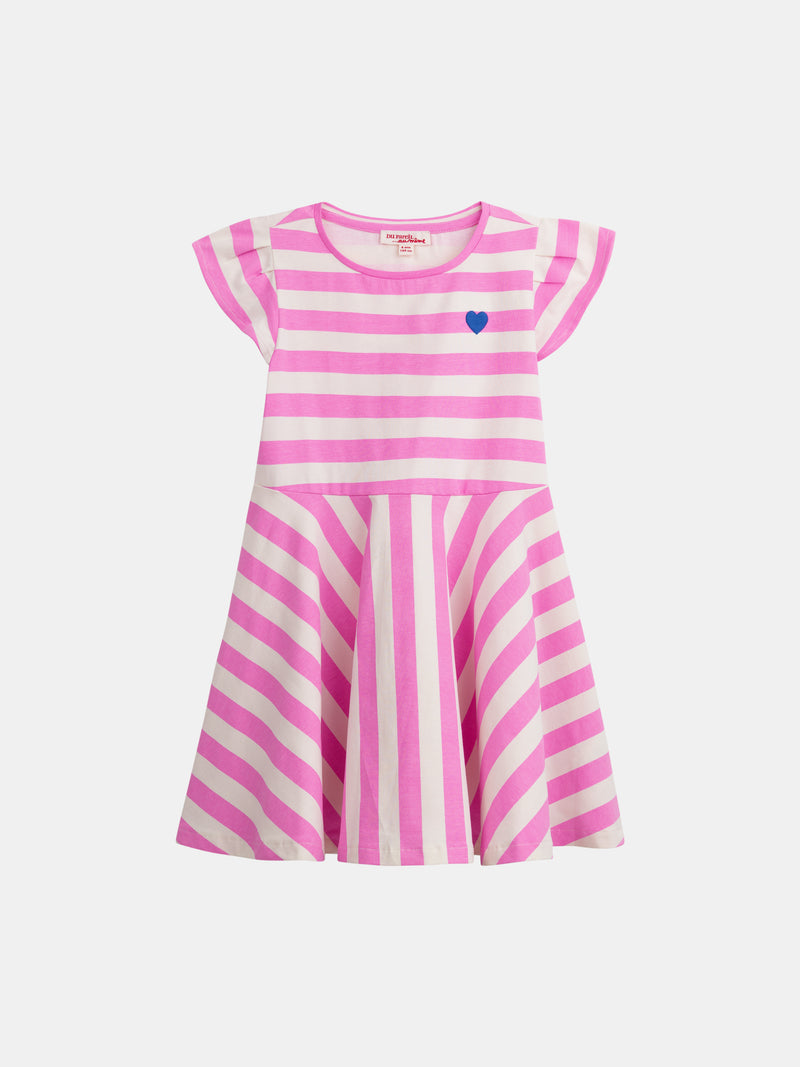 Vestido ecru com riscas rosa para meninas