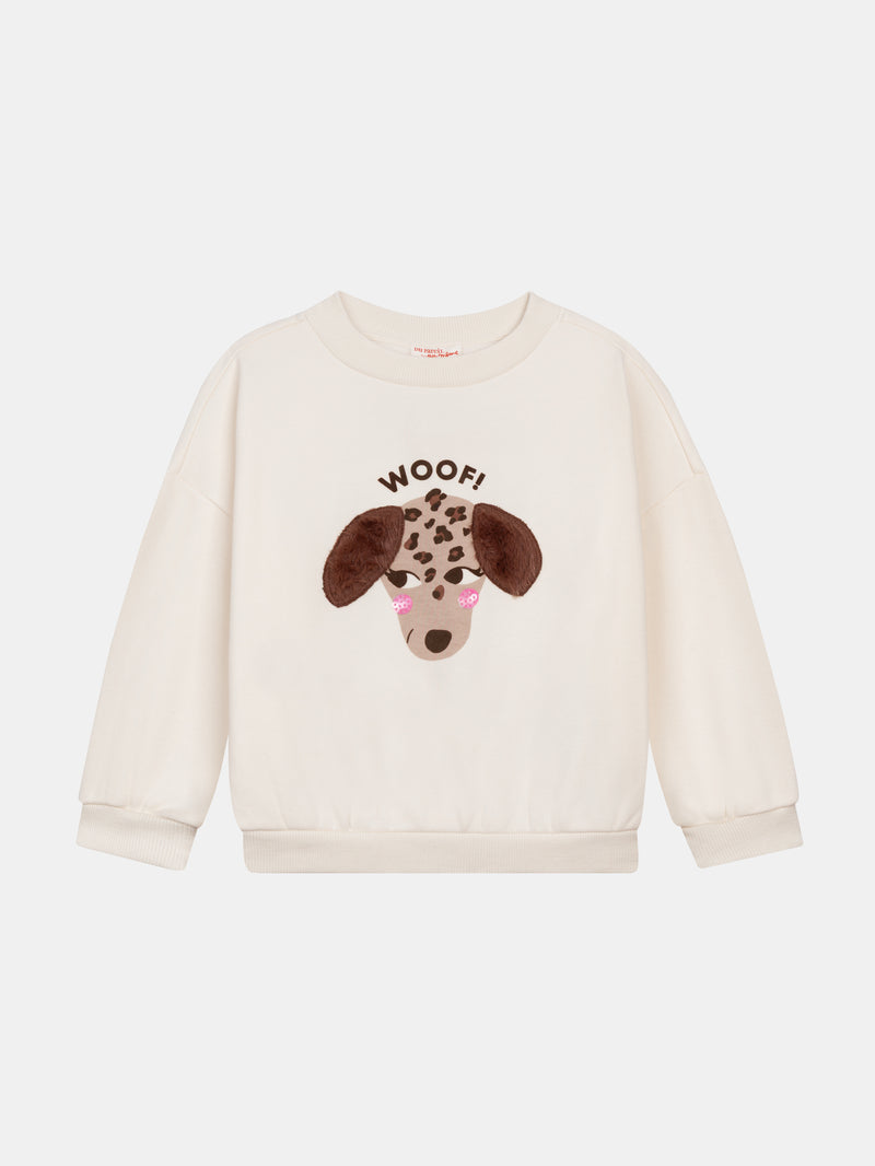 Sweat écru à animation chien pour fille