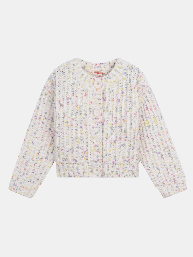 Cardigan branco partido em malha com bolinhas multicoloridas para menina