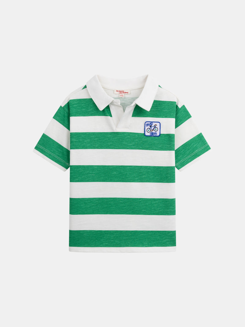 T-shirt polo ecru com riscas verdes para menino