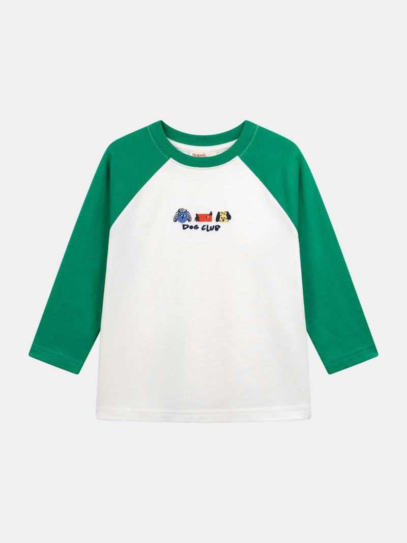 T-shirt creme de mangas longas com mangas verdes e bordado de cabeças de cães para menino