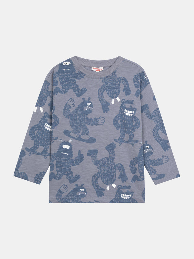 T-shirt de mangas longas azul com estampa de yetis para rapazes