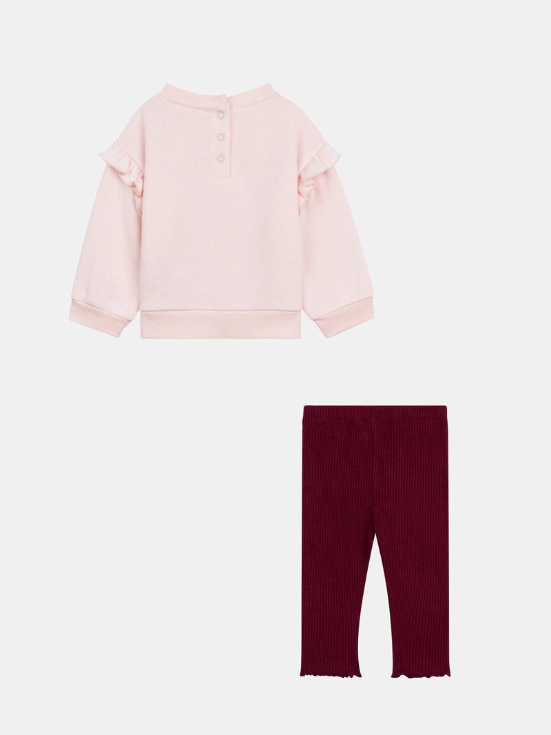 Ensemble sweat rose craie "Skater Cat" et legging côtelé prune pour bébé fille