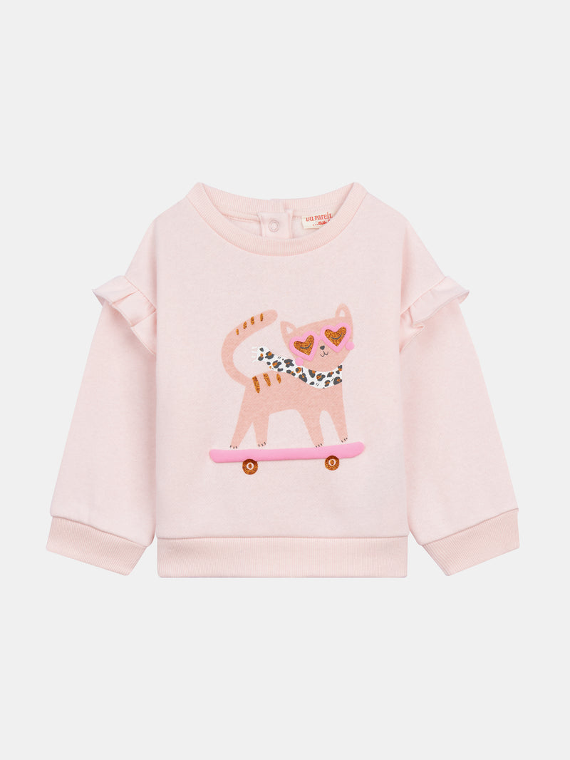 Ensemble sweat rose craie "Skater Cat" et legging côtelé prune pour bébé fille
